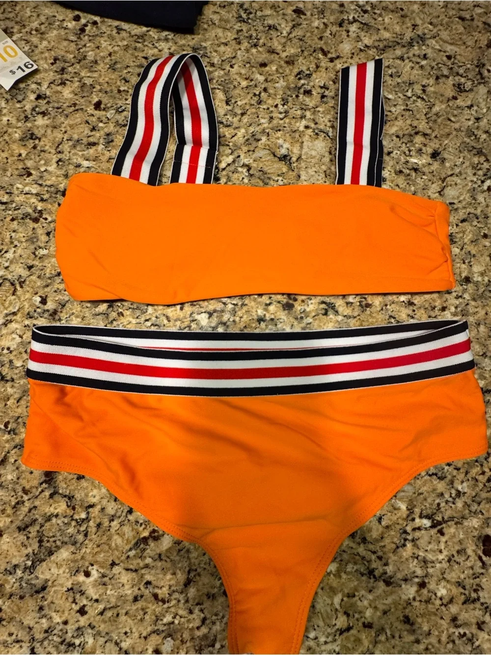 Women's Orange High-Waist Bikini Set with Striped Straps